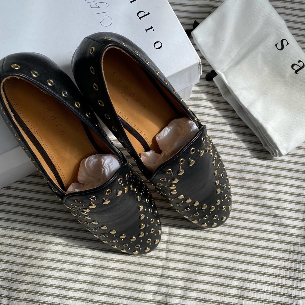 Sandro Studded Bary Leather Black Loafers Size 38 - Picture 6 of 8